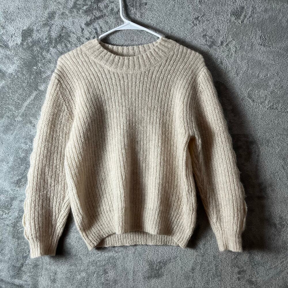 Baldwin Wool‎ Mohair Chunky Knit Sweater Cream Cable Sleeve Cozy Minimalist XS